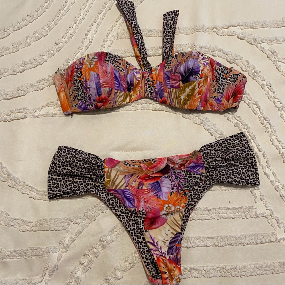 Tropical Floral & Leopard Print Bandeau Bikini - Multicolor